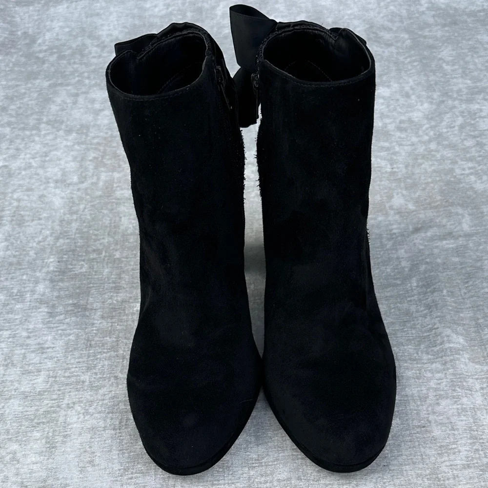Copper Key Black Ankle Boots with Bow & Glitter Pattern Heel Accent